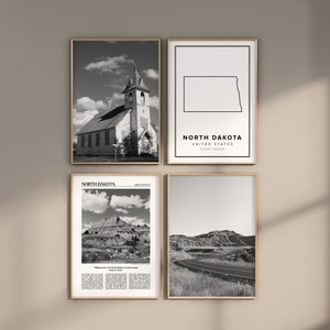 North Dakota Gallery Set of 4, Black and White Digital Print, Photo Gallery, Map Poster, Gallery Set of ND, Printable North Dakota Wall Art