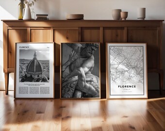 Conjunto de 3 pôsteres em preto e branco com imagens de Florença, Itália (Download Digital)