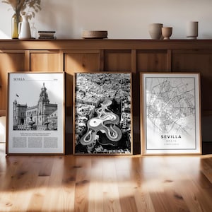Seville 3er-Set Schwarzweiß Digitaldruck, Spanien JPG Gallerie, Reise Karte Foto Poster, druckbare moderne Kunst, Fernweh trendiges Geschenk