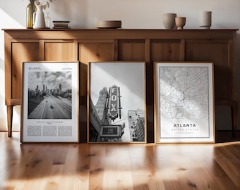 Atlanta Gallery Wall Art Prints: City Skyline, Map, Landmarks (Set of 3) (Digital Download)