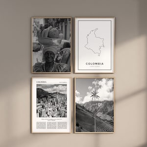 Kolumbien 4er-Set, schwarz weiß Digitaldruck, Fotogalerie, Karte Poster, Galerie-Set Kolumbien, druckbare Kolumbien Wandkunst