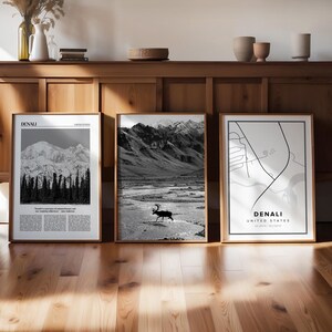 Conjunto de 3 impressões digitais em preto e branco do Parque Nacional Denali, galeria do Alasca, pôster fotográfico de mapa de viagem, arte para impressão, presente moderno Wanderlust