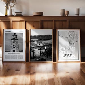 Newport 3er-Set Schwarzweiß Digitaldruck, Rhode Island Gallery, Travel Map Foto Poster, printable Art, Wanderlust Trendy Newspaper