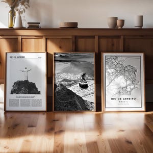 Conjunto de 3 impresiones digitales en blanco y negro de Río de Janeiro, galería JPG de Brasil, póster fotográfico con mapa de viaje, arte moderno imprimible, regalo para viajeros.
