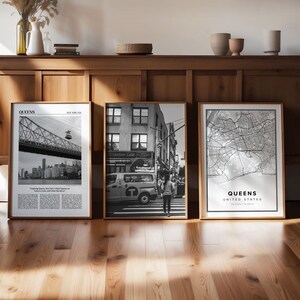 Impression d'art Queens, lot de 3, art mural de la galerie Queens, poster Queens, décoration amateur de voyage, carte de la Queens, cadeau Wanderlust, lot de 3 Queens, NY