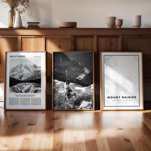 Parc national du Mont Rainier, lot de 3 impression numérique noir et blanc, Washington Gallery, affiche de carte de voyage, oeuvre d'art imprimable, cadeau envie de voyager