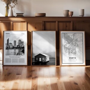 Conjunto de 3 impresiones digitales en blanco y negro de Perth, galería de Australia, póster fotográfico con mapa de viaje, arte imprimible, periódico moderno Wanderlust