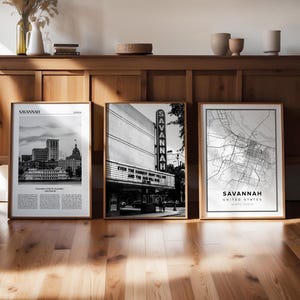 Savannah set van 3 zwart-wit digitale print, Georgia Gallery, reiskaart fotoposter, afdrukbare kunst, Wanderlust trendy krantencadeau