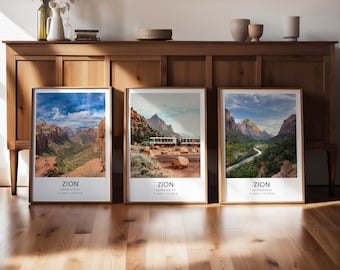 May include: Three framed prints depicting scenic views of Zion National Park in Utah, United States. Each print features the name "Zion" and the location "United States" with the latitude and longitude coordinates. The prints are displayed on a wooden shelf.