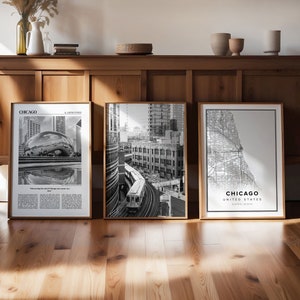 Láminas artísticas de Chicago (juego de 3), arte mural de galería de Chicago, póster de Chicago, decoración para amantes de los viajes, mapa de Chicago, regalo para viajeros, juego de 3 de Chicago