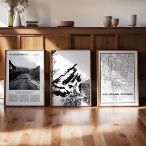 Colorado Springs, lot de 3 impressions numériques noir et blanc, galerie minimaliste, affiche photo de carte de voyage, oeuvre d'art imprimable, cadeau envie de voyager, voyage