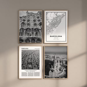 Ensemble de 4 galeries de Barcelone, impression numérique noir et blanc, galerie de photos, affiches de voyage, carte de Barcelone, ensemble galerie de Barcelone, Barcelone