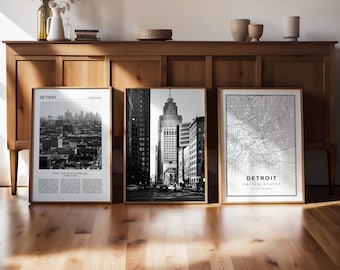 Detroit Gallery Wall Art Print Set: Black & White Travel Decor (Digital Download)