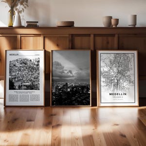 Medellin 3er Set Schwarz weiß Digitaldruck, Kolumbien JPG Galerie, Reise Karte Foto Poster, druckbare moderne Kunst, Fernweh trendiges Geschenk