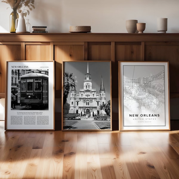 New Orleans Art Print, Set of 3, New Orleans Gallery Wall Art, New Orleans Poster, Travel Decor, New Orleans Map, USA