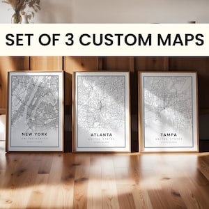Set di 3 mappe personalizzate della città, mappe della città, download della mappa, stampa digitale, poster mappa personalizzabile
