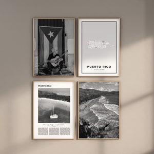 Conjunto de 4 galerias de Porto Rico, impressão digital em preto e branco, galeria de fotos, mapa, conjunto de galerias de Porto Rico, arte de parede de Porto Rico para impressão