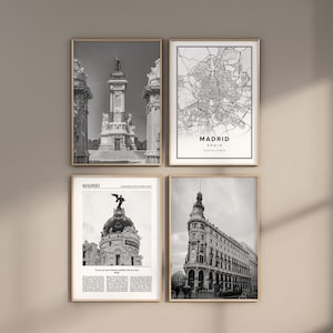 Madrid 4-er Set, Schwarzweiß-Digitaldruck, Fotogalerie, Reiseposter, Karte, Galerie-Set von Spanien, druckbare Madrid-Wandkunst