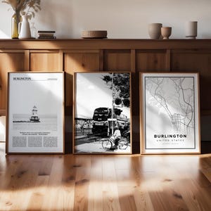 Conjunto de 3 impresiones digitales en blanco y negro de Burlington, Vermont Gallery, póster fotográfico con mapa de viaje, arte imprimible, regalo de periódico de moda para amantes de los viajes.
