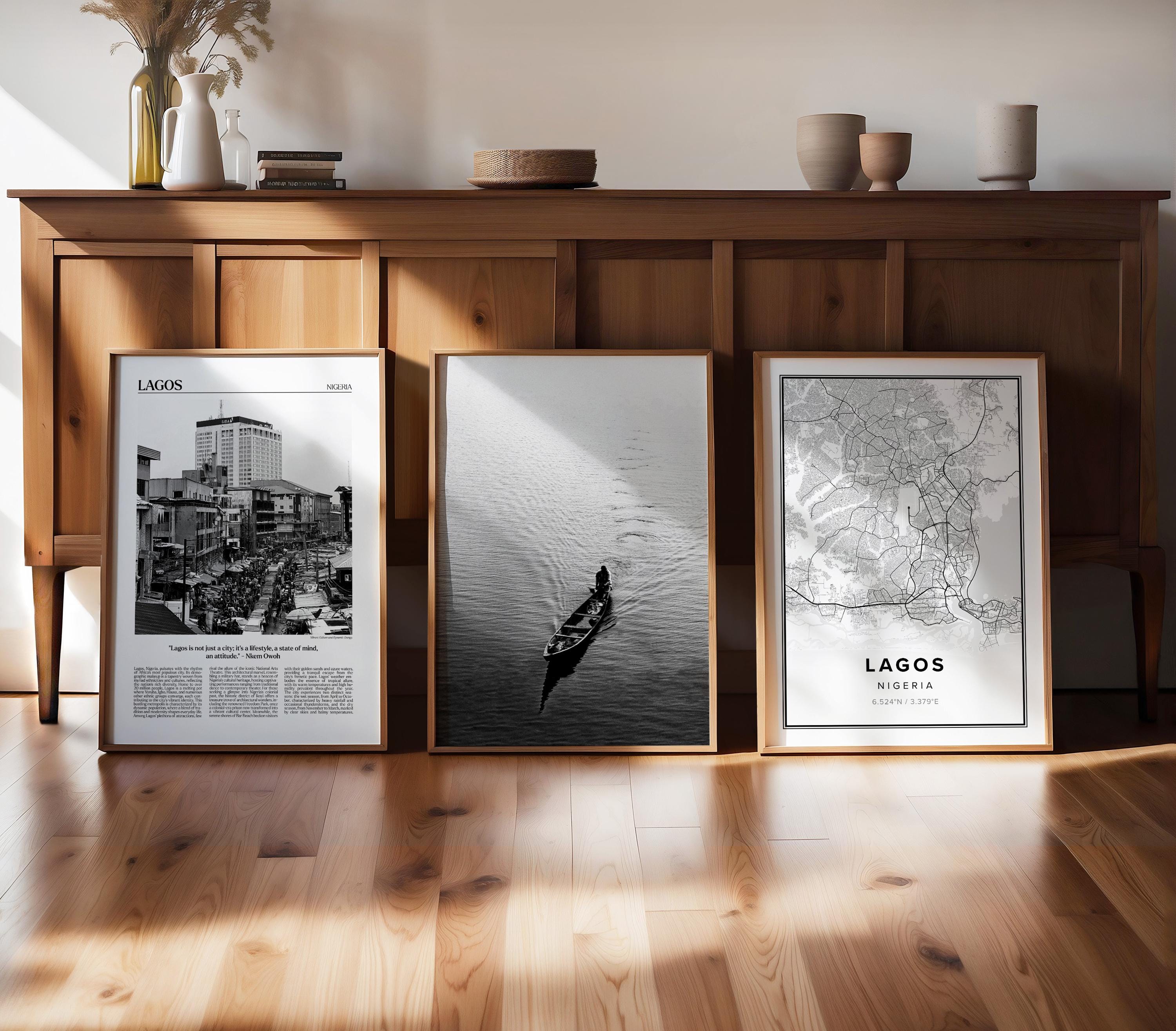 Lagos Nigeria Gallery Wall Art Prints: Black and White Photo, Map (Digital Print)