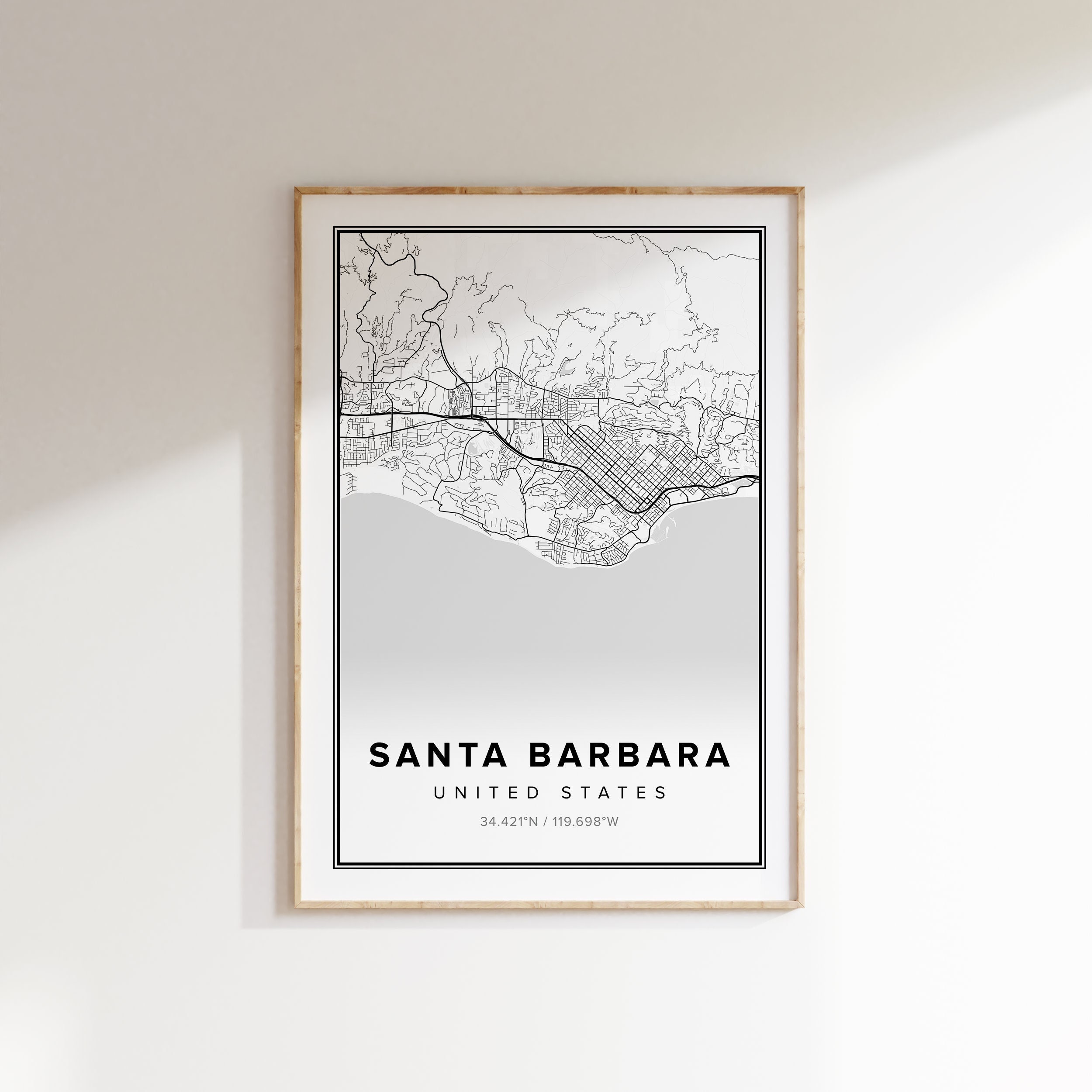 Santa Barbara Map, Modern Home Decor, Travel Gifts, Maps, Black and ...