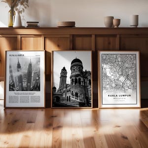 Kuala Lumpur 3er Set schwarz weiß Digitaldruck, Malaysia Gallery, Reise Karte Foto Poster, druckbare moderne Kunst, Fernweh trendiges Geschenk