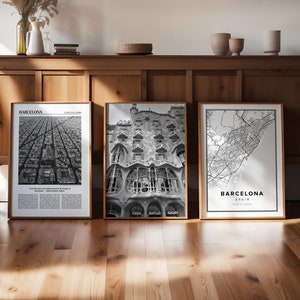 Láminas artísticas de Barcelona, juego de 3, arte mural de galería de Barcelona, póster de Barcelona, decoración para amantes de los viajes, mapa de Barcelona, regalo para viajeros, Barcelona
