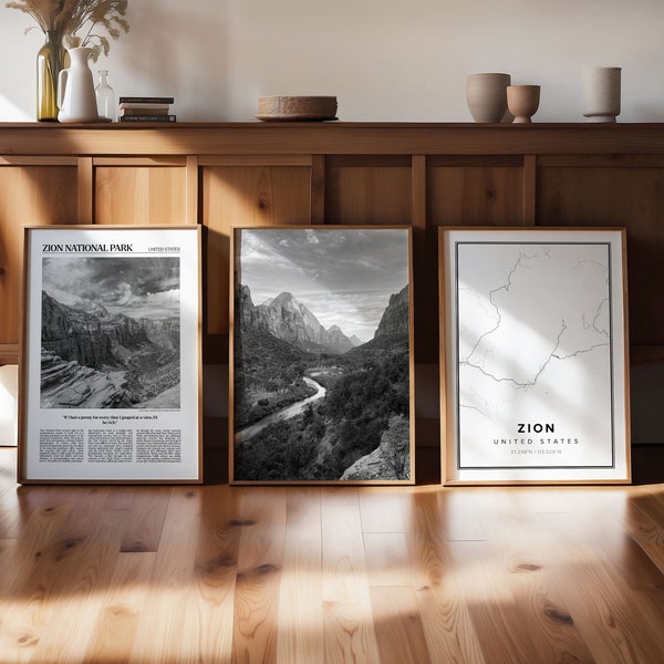 Zion National Park, Zion Art Print, Set of 3, Zion Wall Art, Zion Poster, Travel Decor, Zion Map, Zion National Park Photo, Zion Art Print