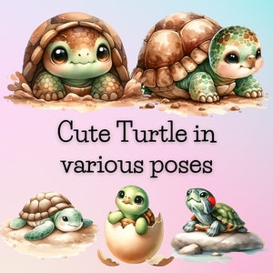 May include: Five cute cartoon turtles in various poses. The turtles are green with brown shells. One turtle is peeking out of an eggshell. Another turtle is sitting on a rock. The other three turtles are on the ground.