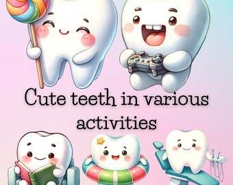 Dientes lindos en acuarela, clipart dental kawaii (uso comercial)