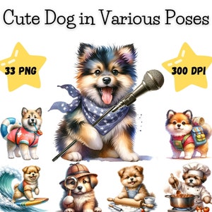 Puede incluir: Un conjunto de 33 ilustraciones digitales de perros lindos en varias poses. Los perros se representan con diferentes atuendos y entornos, incluyendo un salvavidas, un músico, un chef, un detective, un panadero y un surfista. Las ilustraciones son de estilo de dibujos animados y son perfectas para usar en proyectos digitales.