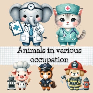May include: A colorful illustration of animals in various occupations. A gray elephant wearing a white doctor's coat and a stethoscope, a gray and white cat wearing a blue nurse's uniform, a pink pig wearing a white chef's hat and apron, a brown horse wearing a blue police uniform, and a yellow dog wearing a red firefighter's uniform.