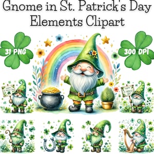 May include: A set of 31 digital clipart images featuring gnomes in various St. Patrick's Day themed poses. The gnomes are wearing green hats and outfits, and some are holding items like a pot of gold, a shamrock, a beer mug, and a harp. The images are 300 DPI and are perfect for creating digital or printed projects.