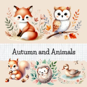 Könnte beinhalten: Eine digitale Illustration von Herbsttieren. Ein Fuchs, eine Eule, ein Eichhörnchen, ein Igel und eine Ente sind von Herbstblättern und Blumen umgeben. Der Text "Herbst und Tiere" befindet sich oben im Bild.