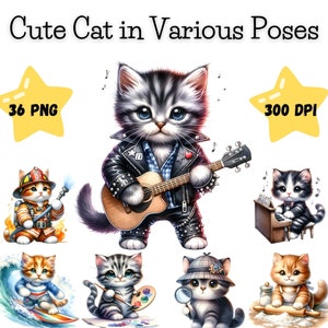 Clipart de acuarela de un lindo gato, diseño de invitación (300 DPI)