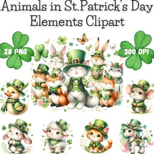Könnte beinhalten: Ein Set mit 28 digitalen Clipart-Bildern mit niedlichen Tieren, die in St. Patrick's Day-Outfits gekleidet sind. Zu den Tieren gehören eine Katze, ein Kaninchen, ein Fuchs, eine Ente, ein Lamm, ein Einhorn und eine Maus. Die Bilder sind 300 DPI und perfekt zum Erstellen von Bastelarbeiten, Karten und anderen Projekten.