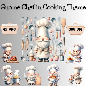 May include: A set of 45 digital clipart images featuring a gnome chef in a white chef's hat and apron, holding various cooking utensils and ingredients. The images are 300 DPI and are perfect for crafting projects, scrapbooking, and digital design.