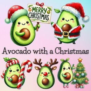 Könnte beinhalten: Sechs Avocado-Illustrationen mit Weihnachtsmotiven. Eine Avocado trägt einen Weihnachtsmann-Hut und hält ein Schild mit der Aufschrift "Frohe Weihnachten". Eine weitere Avocado trägt einen Weihnachtsmann-Anzug. Eine Avocado trägt einen Weihnachtsmann-Hut und hält einen Zuckerstock. Eine Avocado trägt Rentiergeweihe. Eine Avocado hält einen Weihnachtsbaum. Eine Avocado trägt einen Weihnachtsmann-Hut und hält einen Weihnachtsbaumschmuck.