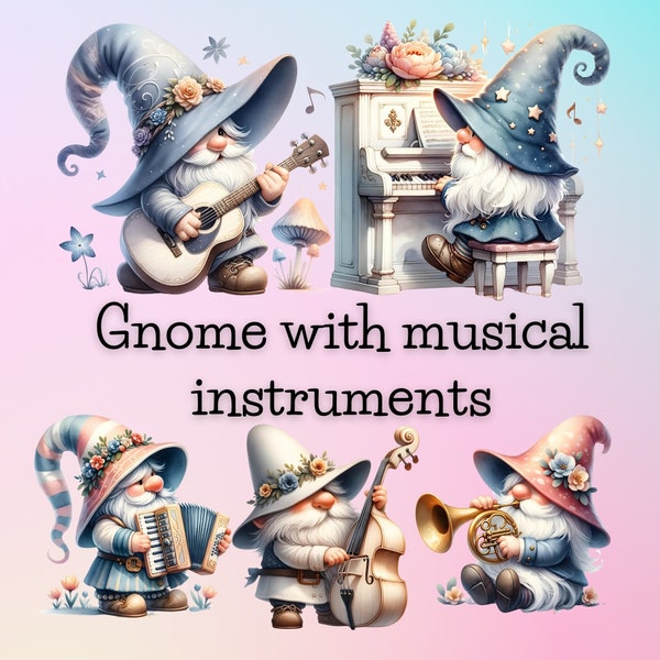 21 PNG , 300 DPI, Gnome with musical instruments, Watercolor Clipart, Cute watercolor for Invitation design, Commercial use