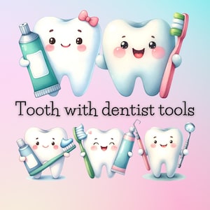 9 PNG, 300 DPI, Tooth with dentist tools, Watercolor Clipart, Commercial use