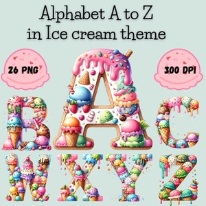 Alphabet A bis Z in Eis Thema, Aquarell Clipart, niedliches Aquarell für Einladung Design, kommerzielle Nutzung