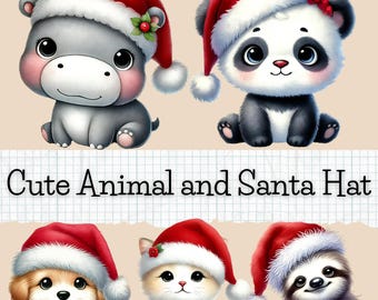 May include: Five cute animals wearing red Santa hats. A grey hippopotamus, a black and white panda, a brown and white dog, a white cat, and a brown sloth.