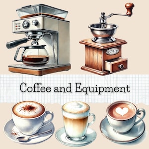 Puede incluir: Un conjunto de café y equipo de café, que incluye una cafetera, un molinillo y tres tazas de café. La cafetera es plateada y negra con una jarra de vidrio. El molinillo es de madera marrón con una parte superior plateada. Las tazas son blancas con un borde marrón. El café es marrón y espumoso.