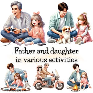 Pai e filha em várias atividades, Clipart de aquarela, Uso comercial