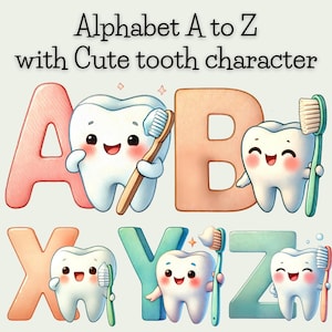 Alphabet A bis Z mit Zahn Charakter, Aquarell Clipart, kommerzielle Nutzung