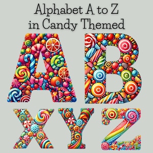 May include: Alphabet letters A, B, X, Y, and Z made of colorful candy, lollipops, and other sweets.  The letters are in a candy theme.