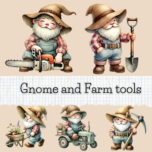 May include: Five cartoon gnomes with red and white checkered shirts and blue overalls. The gnomes are holding various farm tools, including a chainsaw, a shovel, a wheelbarrow, a tractor, and a pickaxe. The text "Gnome and Farm tools" is written below the gnomes.