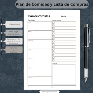 Planificador de Comidas Semanal con Lista de Compras | Plantilla Imprimible A4 A5 Carta Half Inicio de lunes y domingo