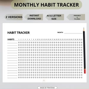 Monthly Habit Tracker Printable | 30-Day Routine Tracker PDF | A4 & Letter Size, Instant Download