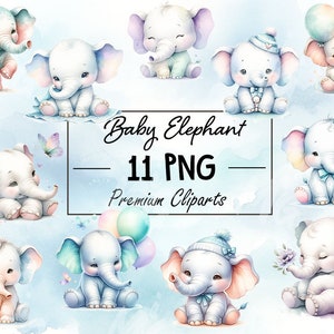 11 pcs Baby Watercolor Elephant Cliparts - Pastel Soft Blue Style - Perfect for Nursery Decor & Invitations, Instant Download